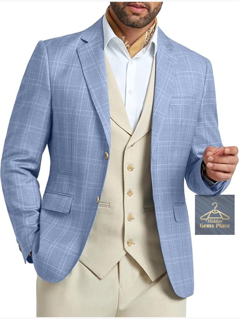Mens Blazer Slim Fit Stripes Plaid Casual Suit Jacket Two Buttons Lapel Sport